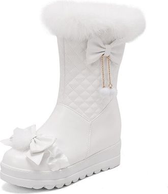 Generic Womens Mid-Calf Quilted Boots Faux Fur Trim Bow Pom-Pom Details Side Zip Platform Sole Round Toe Stylish Durable Comfortable Design,White,6.5 UK
