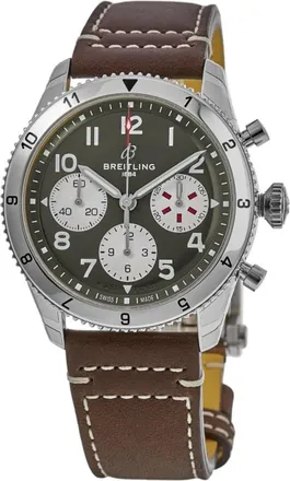 Breitling Classic Avi Chronograph 42 Curtiss Warhawk Green Dial Leather Strap Mens Watch A233802A1L1X1