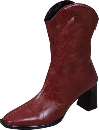 Generic Womens Mid Calf Boots Square Toe Chunky Heel Boot Ladies Faux Leather Tall Heel Boots Non-Slip Zip Up Shoes Chelsea Boot Autumn Winter Waterproof Boot