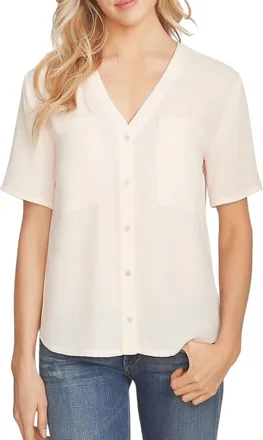 1.State Chiffon Short Sleeves V Neck Button Down Shirt In Peach