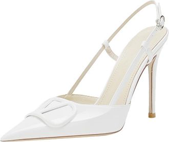 Generic Womens Slingback Stiletto Heels Pointed Toe High Heel Dress Shoes Patent Leather Buckle Strap Classic Formal Footwear for Wedding & Evening Party,Whit
