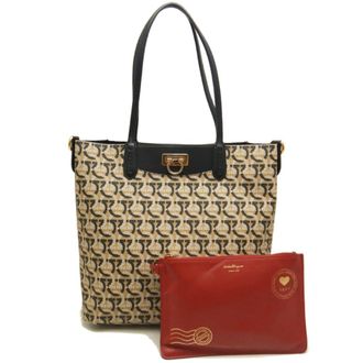 Ferragamo Gancini Beige Black Pvc Tote Bag (Pre-Owned)