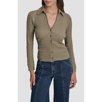DKNY Slim Fit Ripple Lace Johnny Collar Top in Utility Green at Nordstrom Rack, Size X-Small