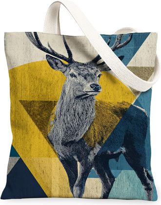 Generic Vintage Deer Canvas Tote Bags, Artistic Wildlife Print Reusable Grocery Bags, Lightweight Washable Shoulder Strap Canvas Fo, Blue, 13x15 Inch
