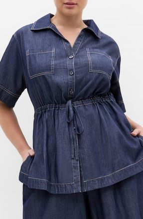 City Chic Mikayla Tie Waist Denim Shirt in Indigo at Nordstrom, Size Xxxs
