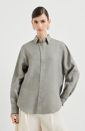 Brunello Cucinelli Linen shirt with monili in Khaki at Nordstrom, Size 3X-Large Eu