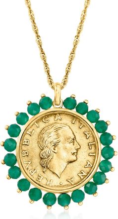 Ross-Simons Genuine 200-Lira Coin and Green Agate Medallion Pendant Necklace in 18kt Gold Over Sterling