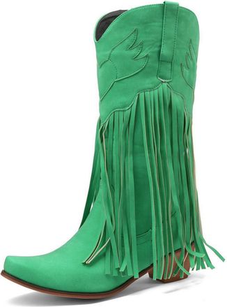 Generic Womens Block Heel Knee High Boots Square Toe PU Leather Tassel Boots Pull on Western Cowboy Boot,Green,6.5 UK