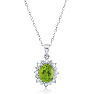 MAX + STONE Sterling Silver Gemstone Oval Pendant Necklace with White Topaz Sunburst Halo 9mm x 7mm with 18 Inch Cable Chain