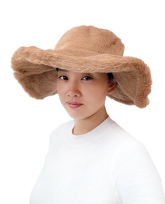 Lina & Lily Oversized Womens Winter Bucket Hat Faux Fur Wide Floppy Brim (Camel)