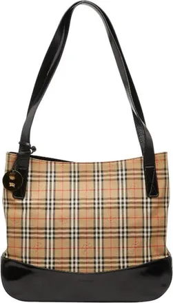 Burberry Beige Black Canvas Leather Shoulder Bag Tote Bag (Pre-Owned)