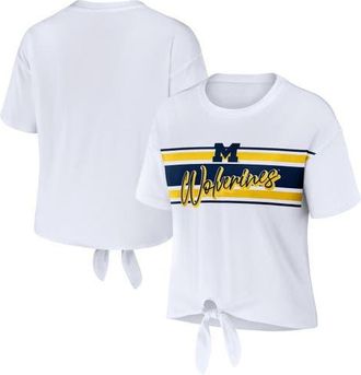 WEAR by Erin Andrews Womens WEAR by Erin Andrews White Michigan Wolverines Striped Front Knot Cropped T-Shirt at Nordstrom, Size Xx-Large