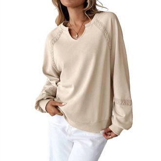 Anna Kaci Lace Trim Long Sleeve Knit Sweatshirt In Beige