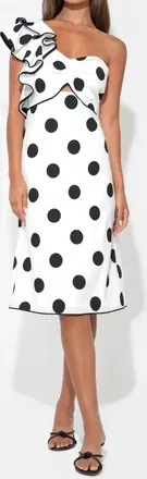 Adelyn Rae Cailyn One Shoulder Ruffle Linen Dot Midi Dress In White/black