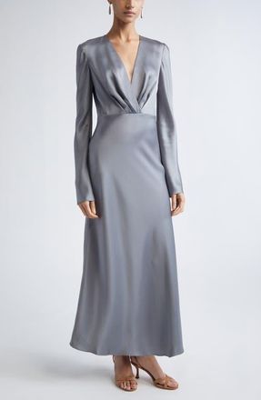 St. John Long Sleeve Satin V-Neck Dress in Pewter at Nordstrom, Size 14