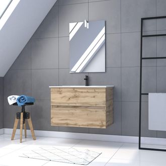 Aurlane Aurlane - Mueble De Ba&ntilde;o 80cm Suspendido Acabado Roble - Lavabo Blanco+espejo Aplique Led - Timber 80 - Pack37