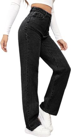 Generic 2025 Womens High Waist Washed Denim Pants Wide Leg Boyfriend Denim Jeans Ladies Sweatpants Jeans Loose Fit Straight Leg Trousers with Pockets Baggy Fa