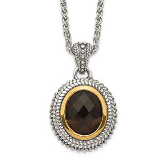 Diamond2Deal Sterling Silver with 14K Accent Oval Smoky Quartz Pendant Necklace