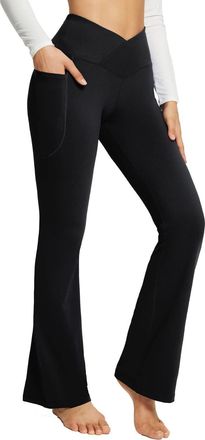 Generic Flared Leggings Yoga Pants for Women, Womens Solid Color Yoga Pants, Gym Leggings with Pockets Black