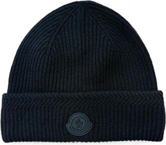 Moncler Cashmere Blend Logo Beanie - Heren - Hoeden - Zwart - ONE Size - Kasjmier - Accessoires