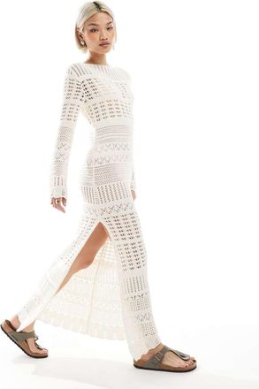 Miss Selfridge knit crochet o ring long sleeve maxi dress in cream-White