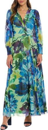 London Times Floral Long Sleeve Mesh Faux Wrap Maxi Dress in Sage/Blue at Nordstrom Rack, Size X-Large