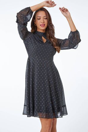 Roman Metallic Spot Keyhole Detail Chiffon Dress