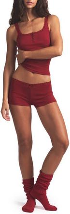 SKIMS Stretch Cotton Rib & Lace Pajamas in Brick at Nordstrom, Size Xx-Small