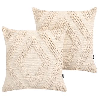 Beliani Conjunto De 2 Cojines De Algod&oacute;n Blanco Crema 45 X 45 Cm Geom&eacute;trico Catalpa