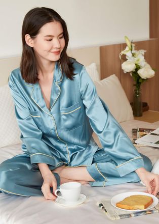 LilySilk Womens 22MM Gold Piping Silk Pajamas Set
