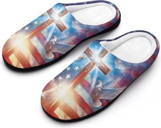 Generic God And Peace U.S. Flag Funny Mens Cotton Slippers Soft Non-Slip Rubber Sole House Slipper Indoor Outdoor