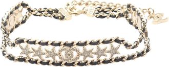 Chanel Gold Plated Leather Woven CC Rhinestone Star Choker Necklace