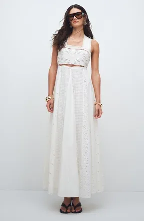 Topshop Cutwork Broderie Sleeveless Maxi Dress in White at Nordstrom, Size 18