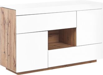 Beliani Aparador De Mdf Chapa Blanco Madera Clara 2 En 1 Escritorio Cajones Estante Almacenaje Goran