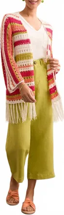 Tribal Tae Three Quarter Sleeve Open Front Crochet Sweater Wth Fringe In Key Lime