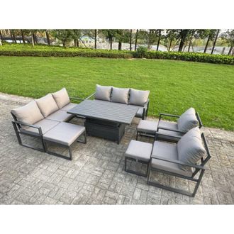 Fimous Fimous 8 Piece Garden Furniture Set 11-Seater Aluminium Outdoor Dining Set with Adjustable Rising Lifting Dining Table & Cushions 3 Footstools Dark