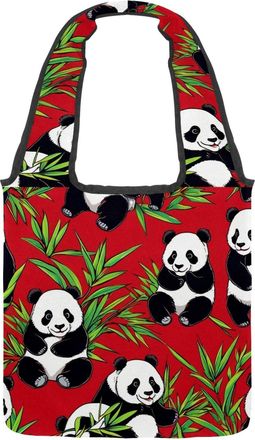 Generic Cute Panda on Red Reversible Canvas Shoulder Tote - Double-Sided Print, 12oz Cotton, 27cm Drop, Fold-Flat Bag for Travel, Shopping, Street Outings