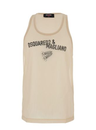Dsquared2 D2 X Magliano Beige Sleeveless Top With Logo Lettering On The Front In Cotton Man