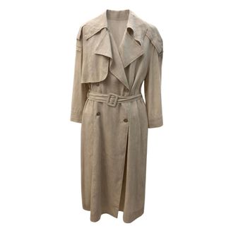 Simona Corsellini Trench Coats, female, Beige, Size: XS Trench Lungo Tessuto Effetto Lino Con Cintura in Vita