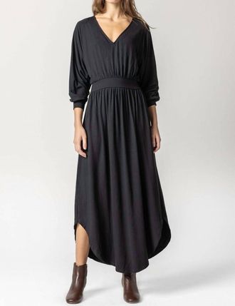 Lilla P Full Sleeve V-Neck Maxi Dress In Black