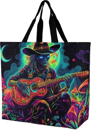 Generic Psychedelic Aliens Playing Guitar Reusable Shopping Bags One Shoulder Grocery Tote Bag Waterproof Big Purse for Work Travel