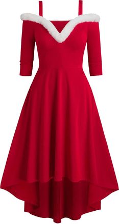 Generic Nidddiv Christmas Dresses for Women UK Slip Dress Off-Shoulder Long Sleeve Swing Dress Xmas Long Dress with Faux Fur Collar Elegant Evening Gowns Cock