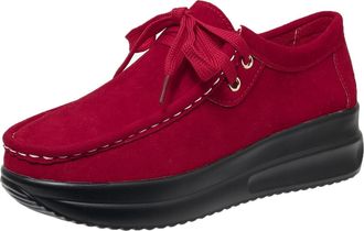 Generic Loafers for Women Wide Fit Casual Lace Up Shoes Stylish Round Toe Solid Color Wedge Heel Comfortable Slip On Shoes Classic Daily Red