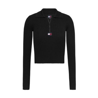 Tommy Hilfiger Zwarte Pullover met Halve Rits - Dames - V-hals truien - Zwart - M - Truien & Vesten