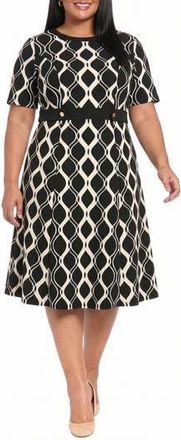 London Times Side Tab Fit & Flare Dress in Ivory/Black at Nordstrom Rack, Size 24W