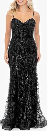 Blondie Nites Glitter Mesh Trumpet Gown in Black at Nordstrom, Size 3