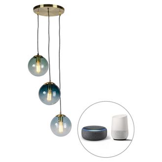 QAZQA Art D&eacute;co L&aacute;mpara Colgante Inteligente Lat&oacute;n Con 3 Wifi St64 Con Cristal Azul - Pallon Vidrio /acero Alargada /esfera Adecuado Para Led Max. 3 X 7 Watt