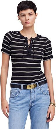 Madewell Lace Up Short Sleeve Stripe Womens Clothing Jet Black : XS (Womens 00-0), Cotton/Elastane/Modal