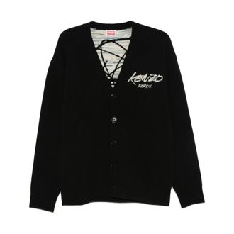 Kenzo Cardigans, male, Black, Size: M Black V-Neck Sweater with Logo