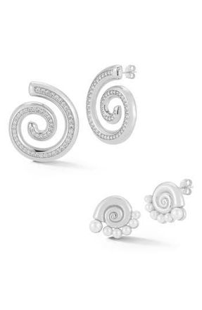 Glaze Jewelry Assorted 2-Pack Cubic Zirconia Pav&eacute; Shell & Freshwater Pearl Stud Earrings in Silver at Nordstrom Rack